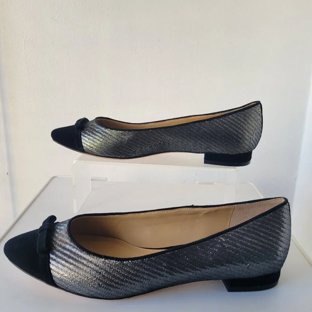 Talbots Edison Bow-Detail Black & Silver Flats - Lurex® (Size 9.5)